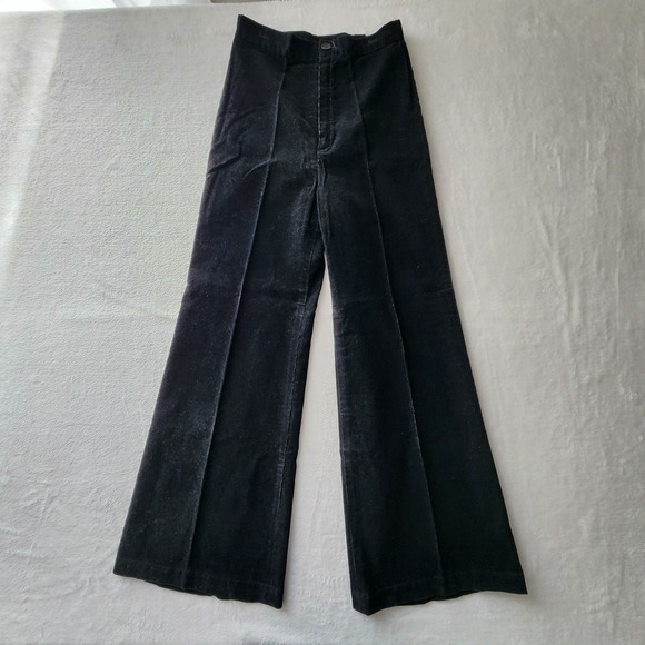 Handmade Pants - Vintage 70s Corduroy Flare Pants Womens 26W 30L Black High Rise Wide Leg Crease
